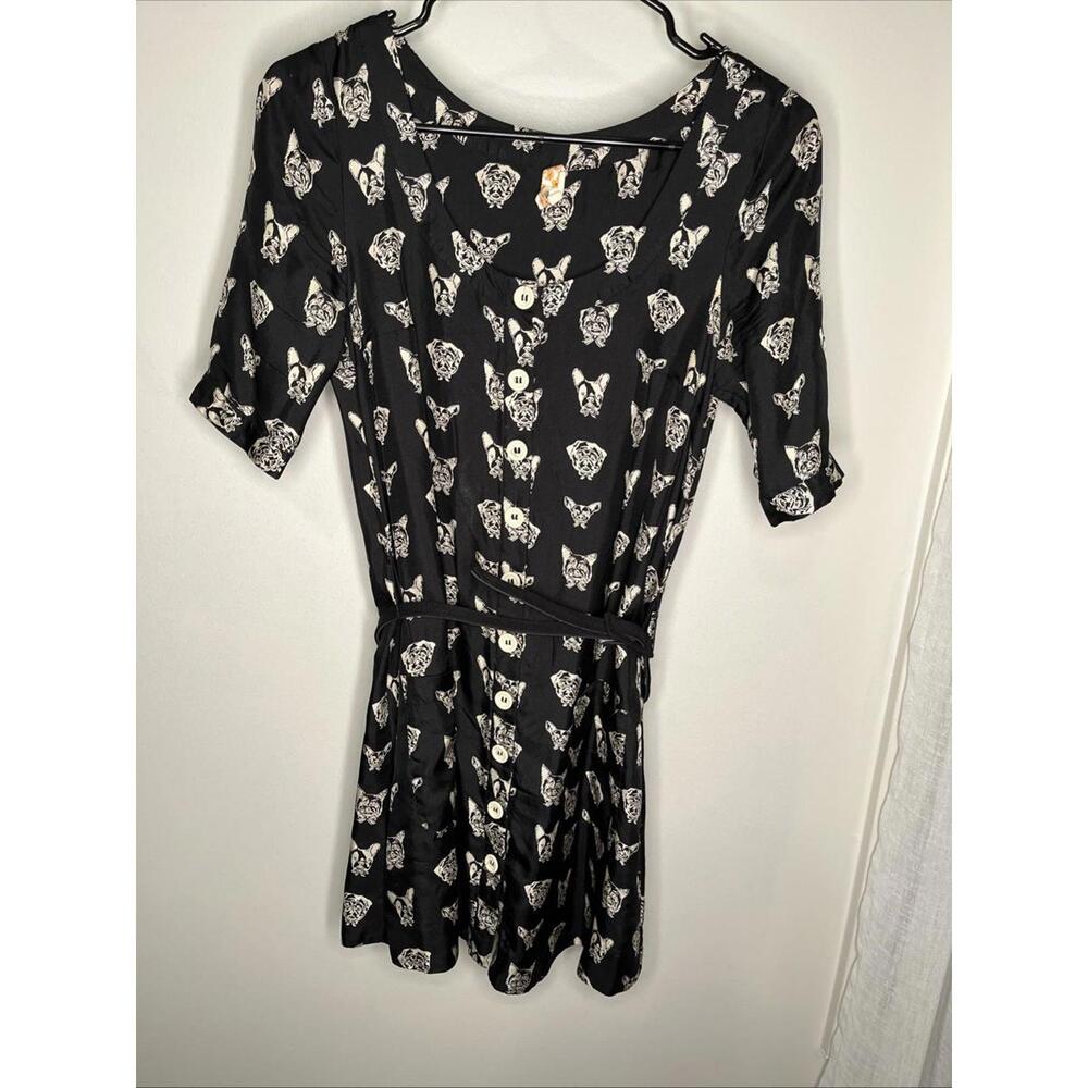 Maeve Black And Cream Button Front Belted Dog Print Mini Dress Size XS